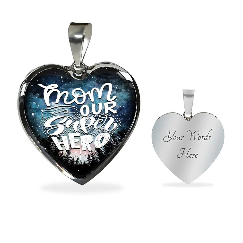 Mom Our Super Hero Necklace Personalized Engraved Silver Heart Necklace Custom